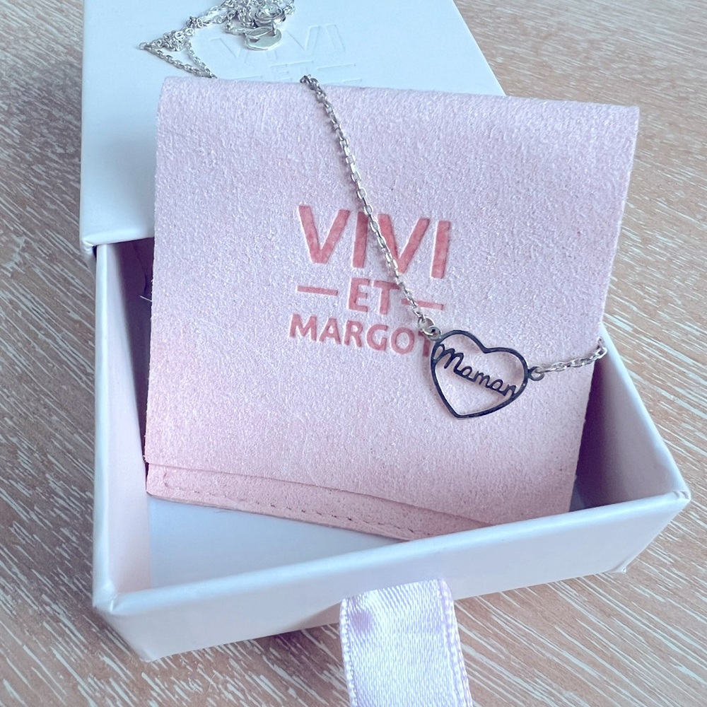 Vivi et Margot “Maman” (mom in French) silver necklace with box and dust bag.
